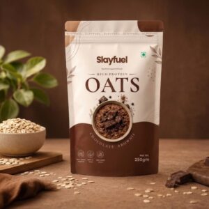 slay fuel chocolate brownie high protein instant oats – no added sugar.
